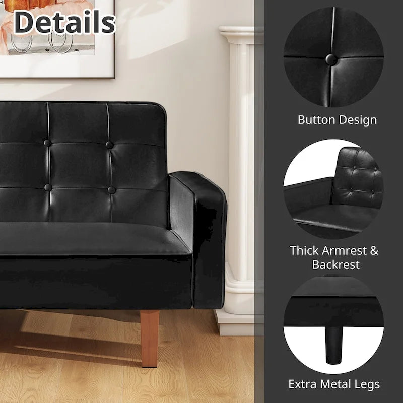 Canapé-lit futon capitonné en cuir PU de 74 po, canapé convertible 3 places pour salon et chambre à coucher