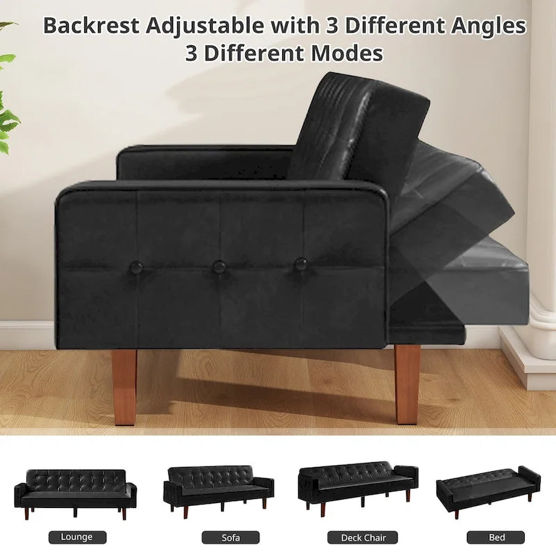 Canapé-lit futon capitonné en cuir PU de 74 po, canapé convertible 3 places pour salon et chambre à coucher