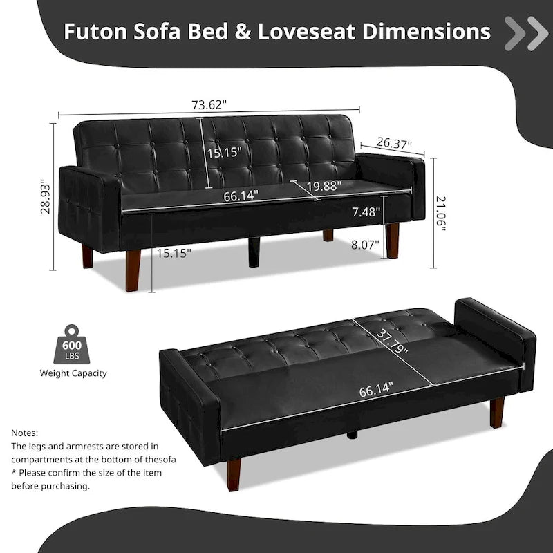 Canapé-lit futon capitonné en cuir PU de 74 po, canapé convertible 3 places pour salon et chambre à coucher