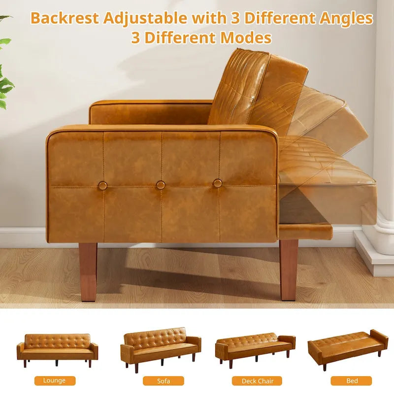 Canapé-lit futon capitonné en cuir PU de 74 po, canapé convertible 3 places pour salon et chambre à coucher
