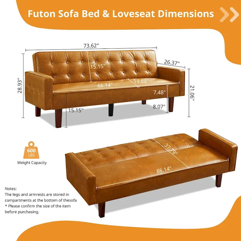 Canapé-lit futon capitonné en cuir PU de 74 po, canapé convertible 3 places pour salon et chambre à coucher