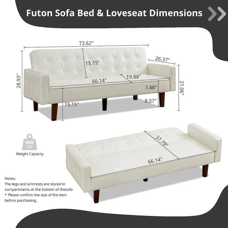 Canapé-lit futon capitonné en cuir PU de 74 po, canapé convertible 3 places pour salon et chambre à coucher