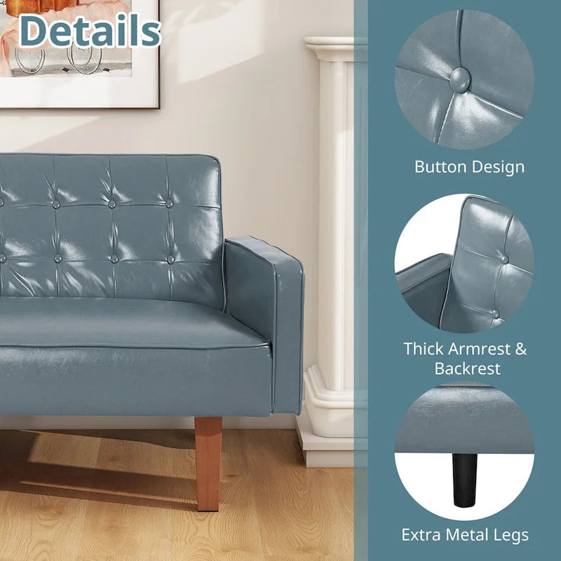 Canapé-lit futon capitonné en cuir PU de 74 po, canapé convertible 3 places pour salon et chambre à coucher