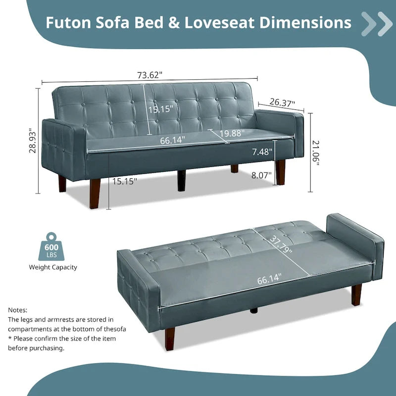 Canapé-lit futon capitonné en cuir PU de 74 po, canapé convertible 3 places pour salon et chambre à coucher