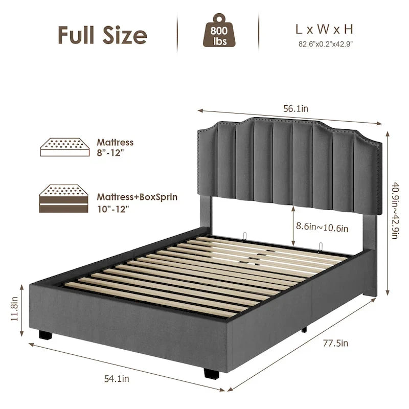 Lit double en velours capitonné avec sommier relevable et tête de lit sculptée