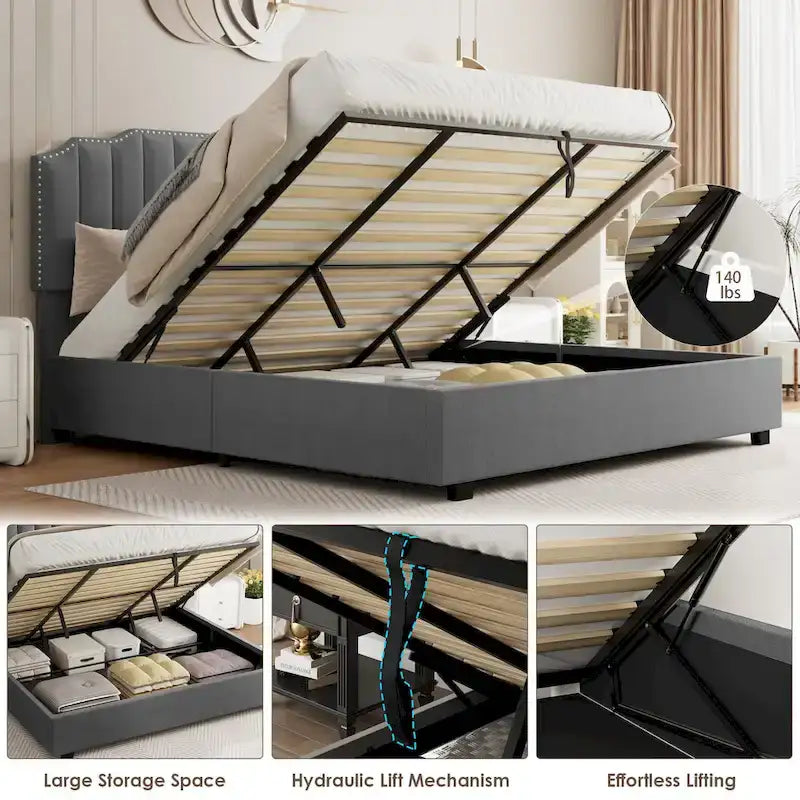 Lit double en velours capitonné avec sommier relevable et tête de lit sculptée