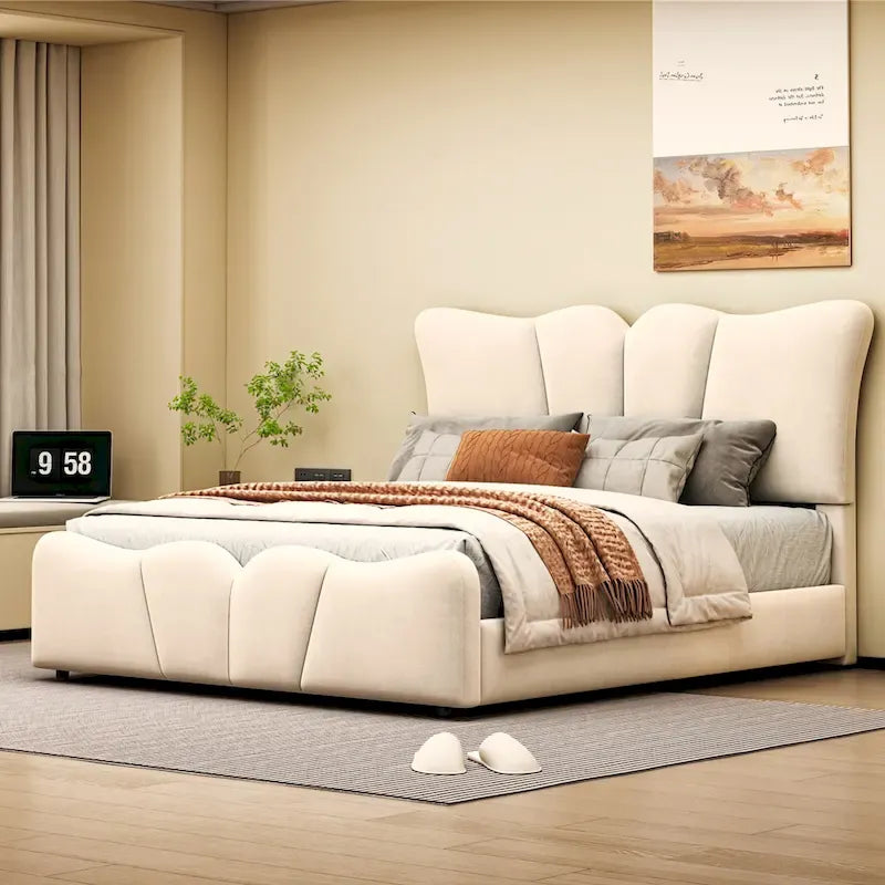 Lit plateforme double en velours avec tête de lit et pied de lit