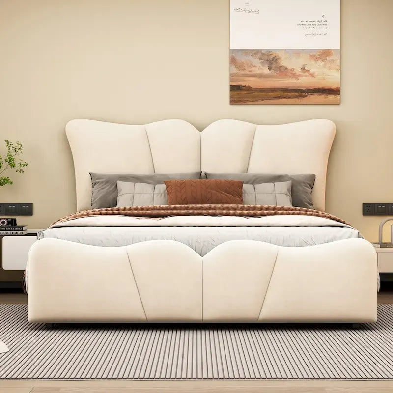 Lit plateforme double en velours avec tête de lit et pied de lit