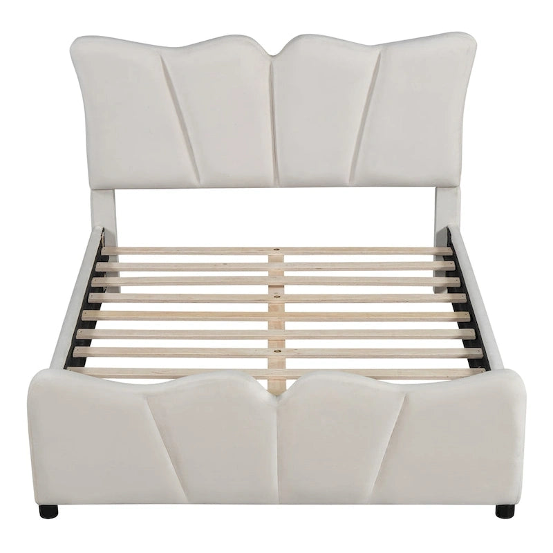 Lit plateforme double en velours avec tête de lit et pied de lit