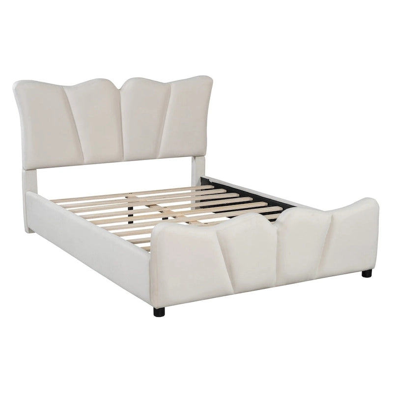 Lit plateforme double en velours avec tête de lit et pied de lit