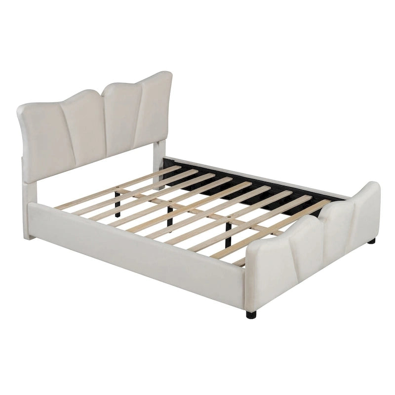 Lit plateforme double en velours avec tête de lit et pied de lit