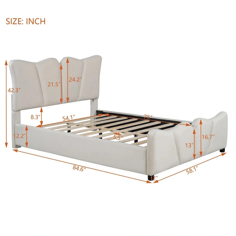Lit plateforme double en velours avec tête de lit et pied de lit