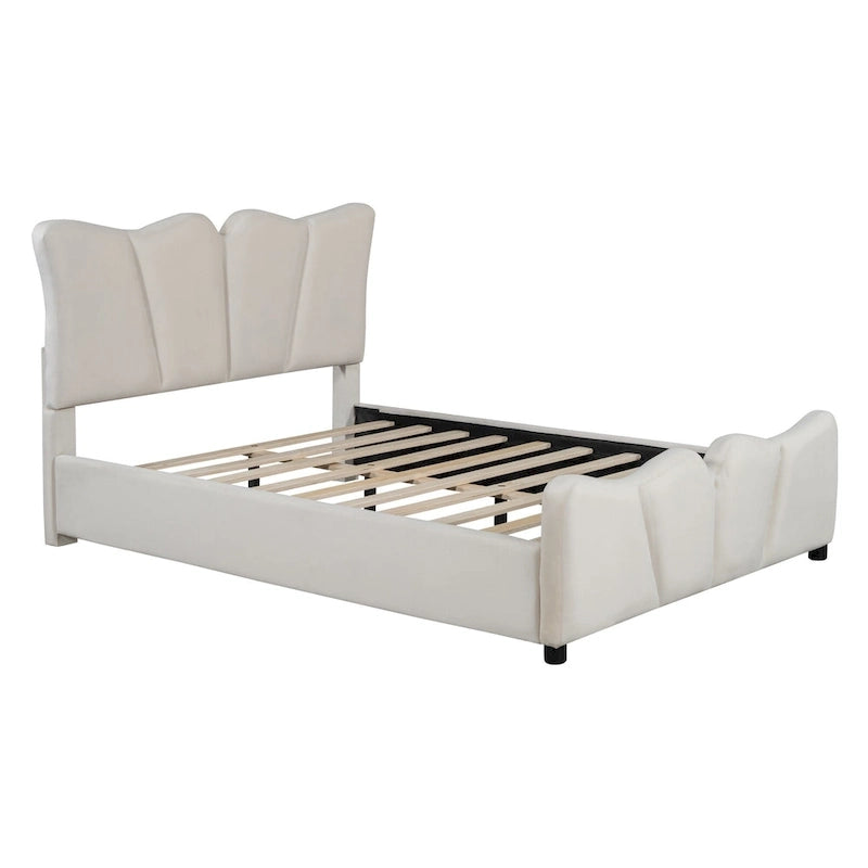 Lit plateforme double en velours avec tête de lit et pied de lit