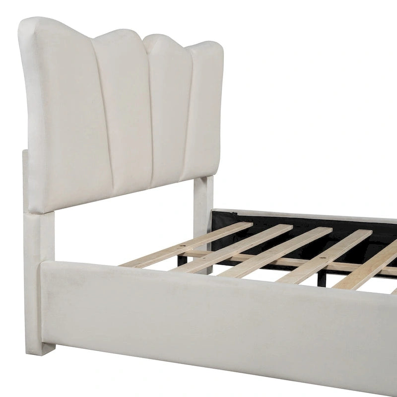 Lit plateforme double en velours avec tête de lit et pied de lit