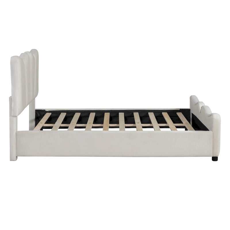 Lit plateforme double en velours avec tête de lit et pied de lit