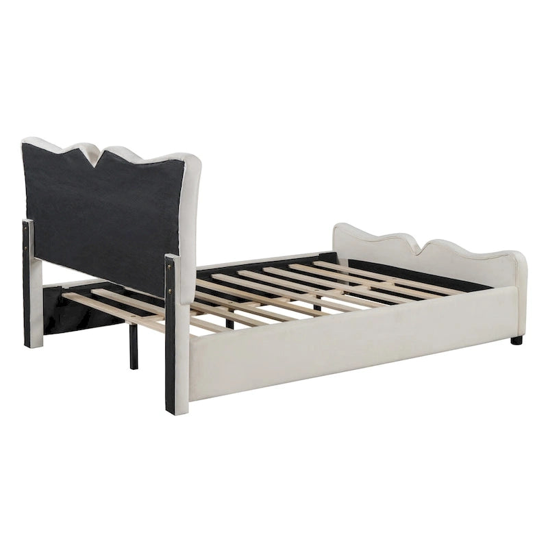 Lit plateforme double en velours avec tête de lit et pied de lit