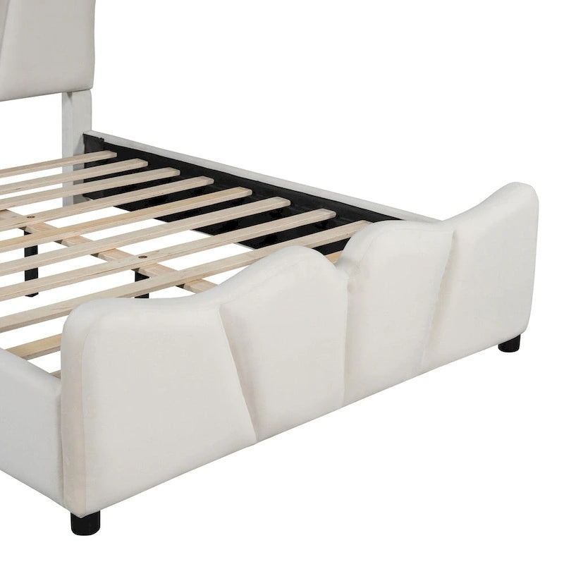 Lit plateforme double en velours avec tête de lit et pied de lit