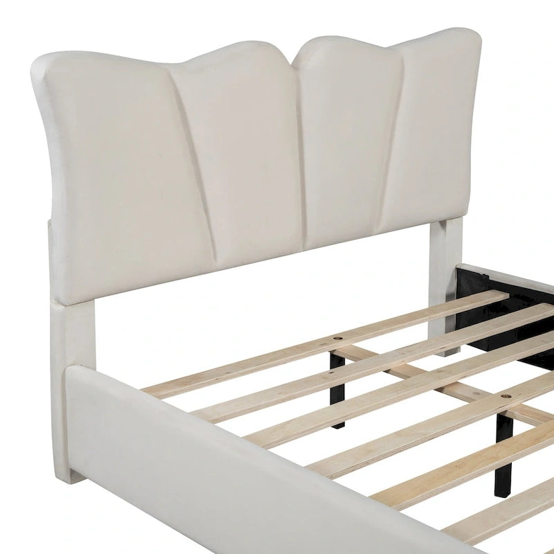 Lit plateforme double en velours avec tête de lit et pied de lit