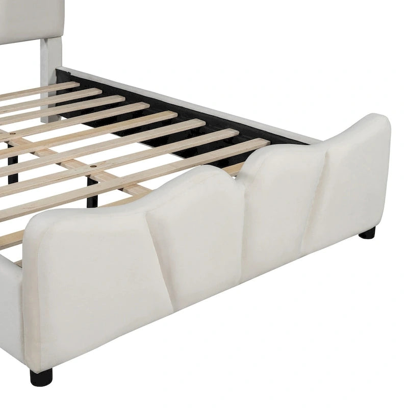 Lit plateforme double en velours avec tête de lit et pied de lit