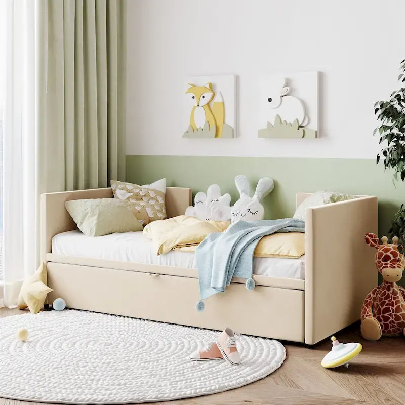 Lit de repos double rembourré avec lit gigogne escamotable – Beige