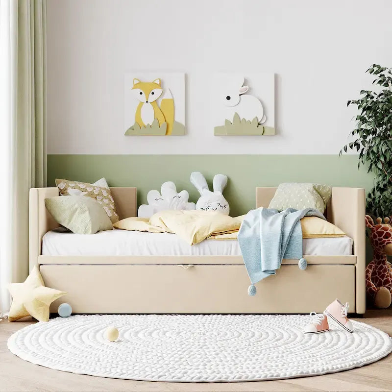 Lit de repos double rembourré avec lit gigogne escamotable – Beige