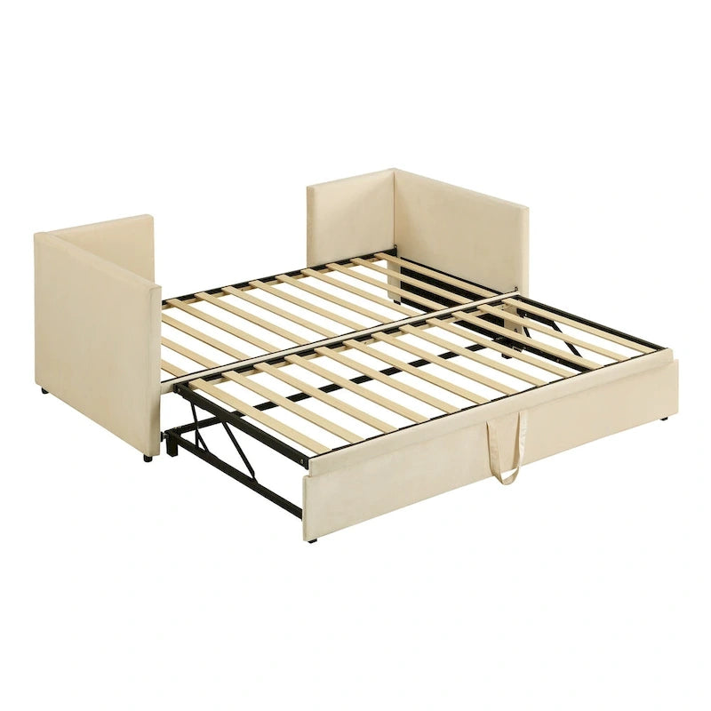 Lit de repos double rembourré avec lit gigogne escamotable – Beige
