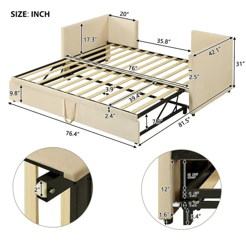 Lit de repos double rembourré avec lit gigogne escamotable – Beige