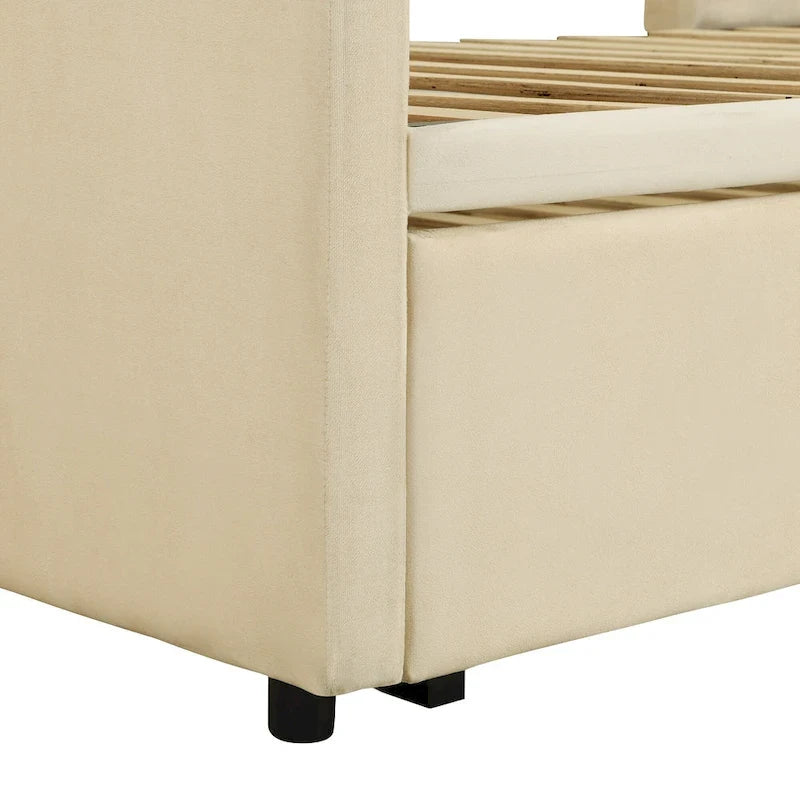 Lit de repos double rembourré avec lit gigogne escamotable – Beige