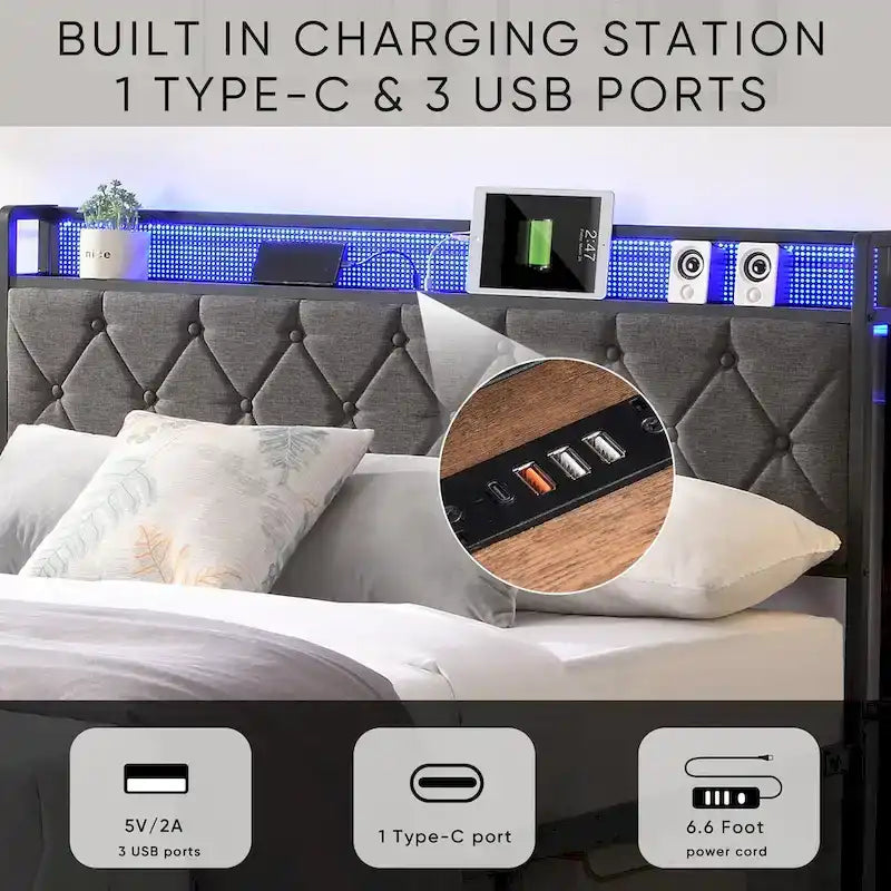 Lit double rembourré avec tête de lit LED RVB et station de recharge intégrée