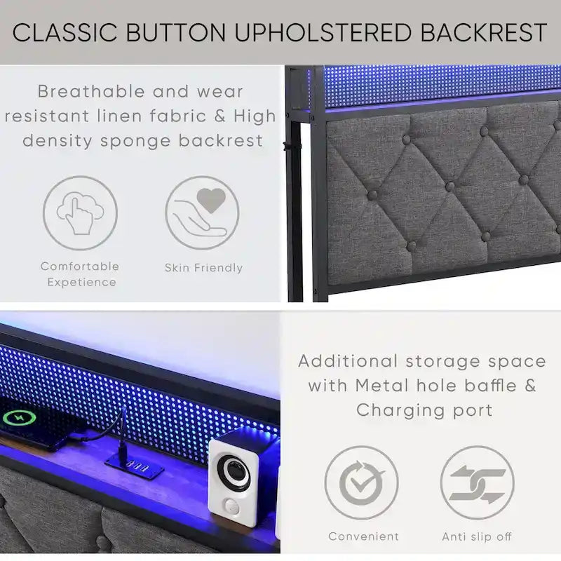 Lit double rembourré avec tête de lit LED RVB et station de recharge intégrée