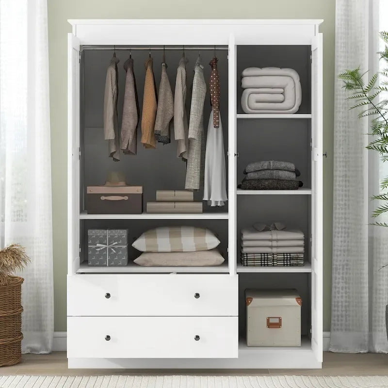 Armoire moderne avec portes persiennes, tiroirs et étagères de rangement