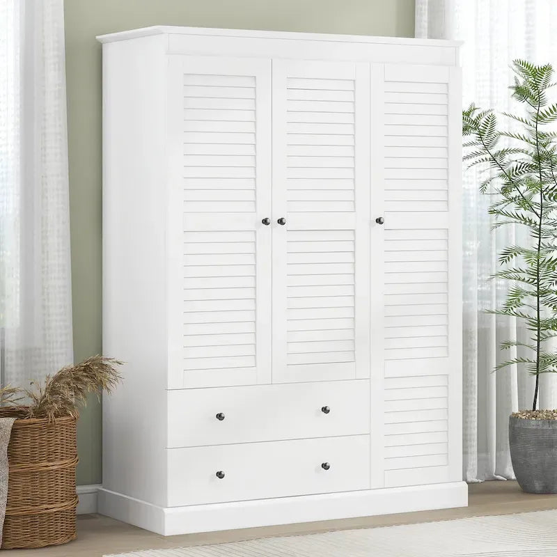 Armoire moderne avec portes persiennes, tiroirs et étagères de rangement