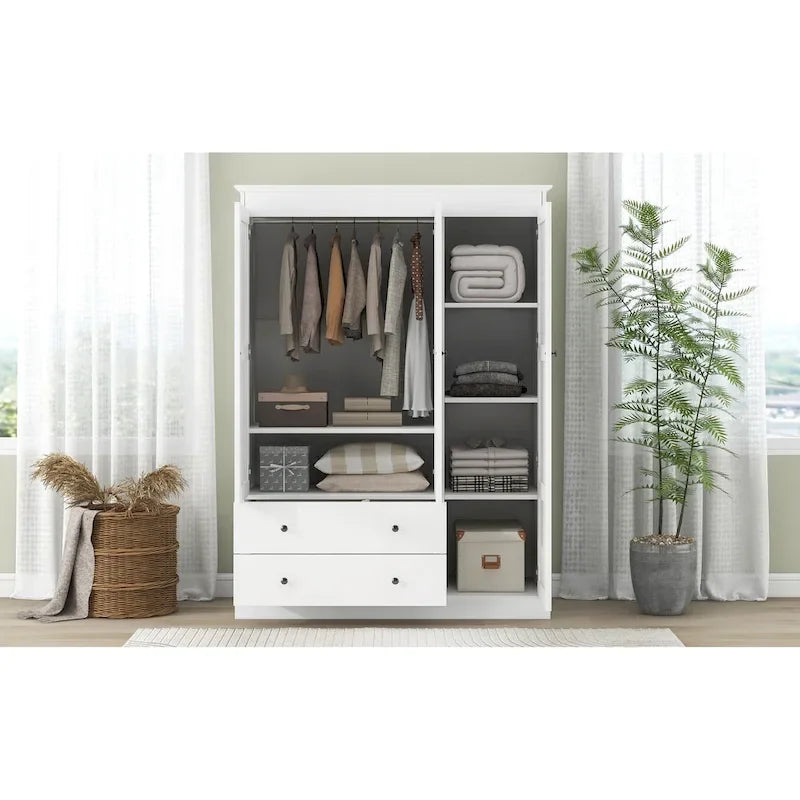 Armoire moderne avec portes persiennes, tiroirs et étagères de rangement