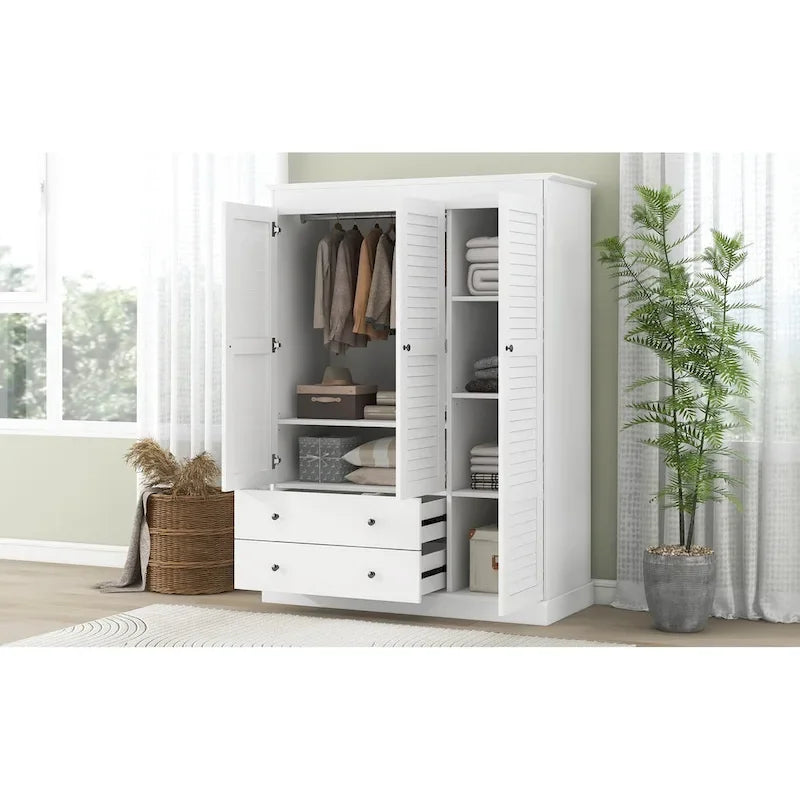 Armoire moderne avec portes persiennes, tiroirs et étagères de rangement