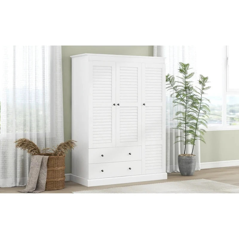 Armoire moderne avec portes persiennes, tiroirs et étagères de rangement