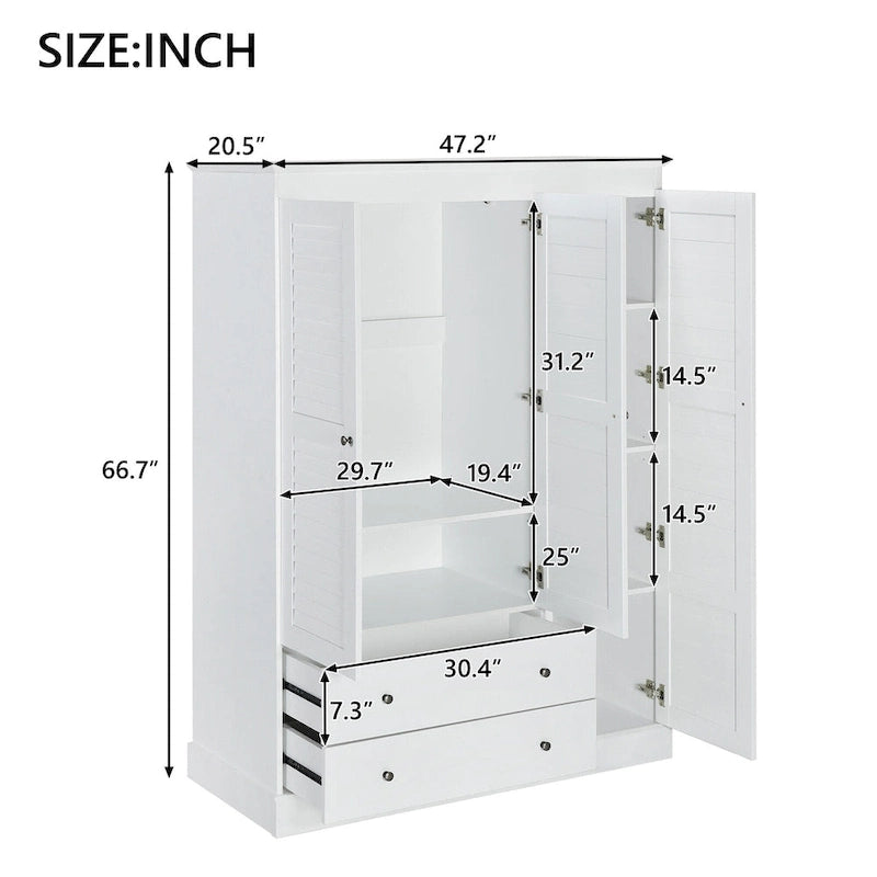 Armoire moderne avec portes persiennes, tiroirs et étagères de rangement