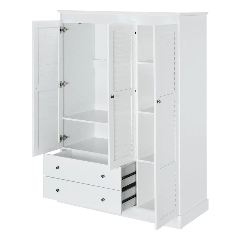 Armoire moderne avec portes persiennes, tiroirs et étagères de rangement