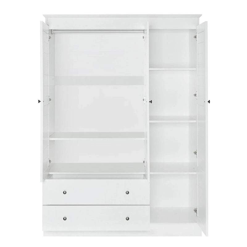 Armoire moderne avec portes persiennes, tiroirs et étagères de rangement