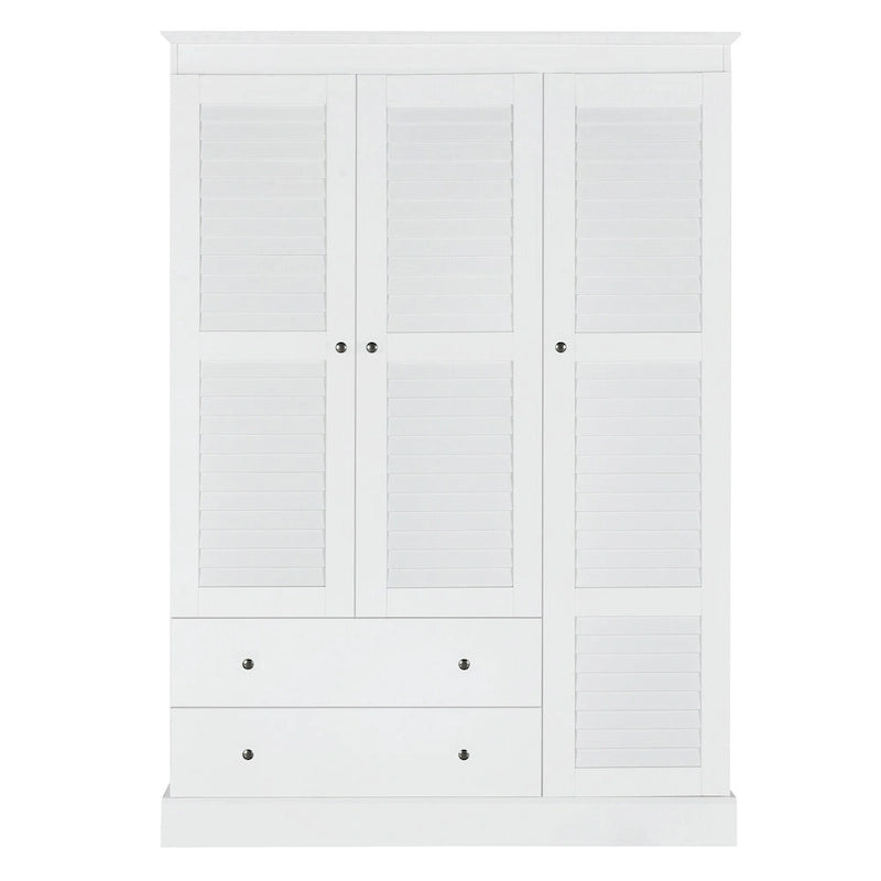 Armoire moderne avec portes persiennes, tiroirs et étagères de rangement
