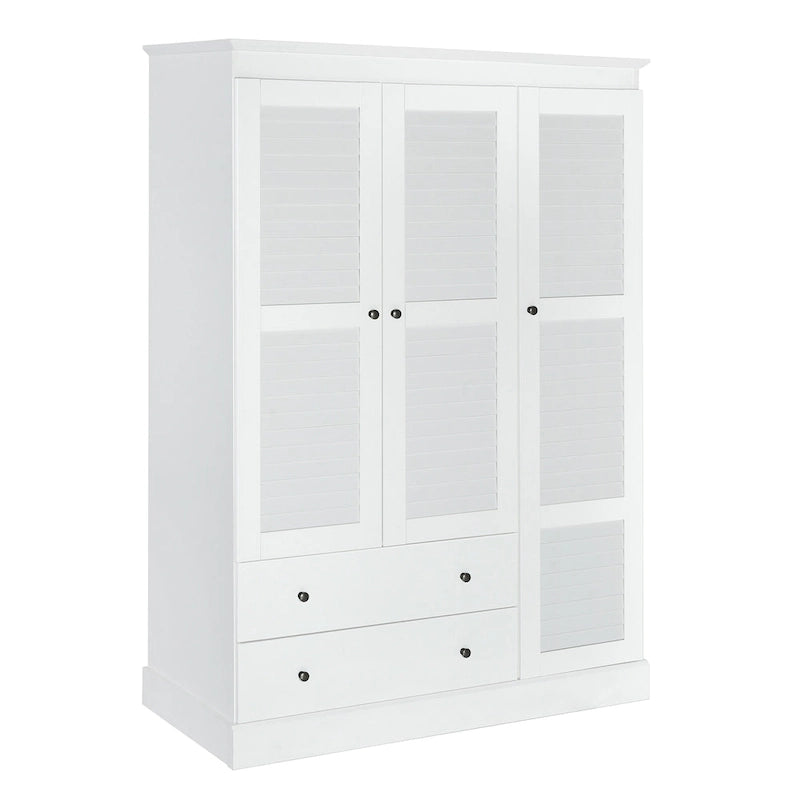 Armoire moderne avec portes persiennes, tiroirs et étagères de rangement