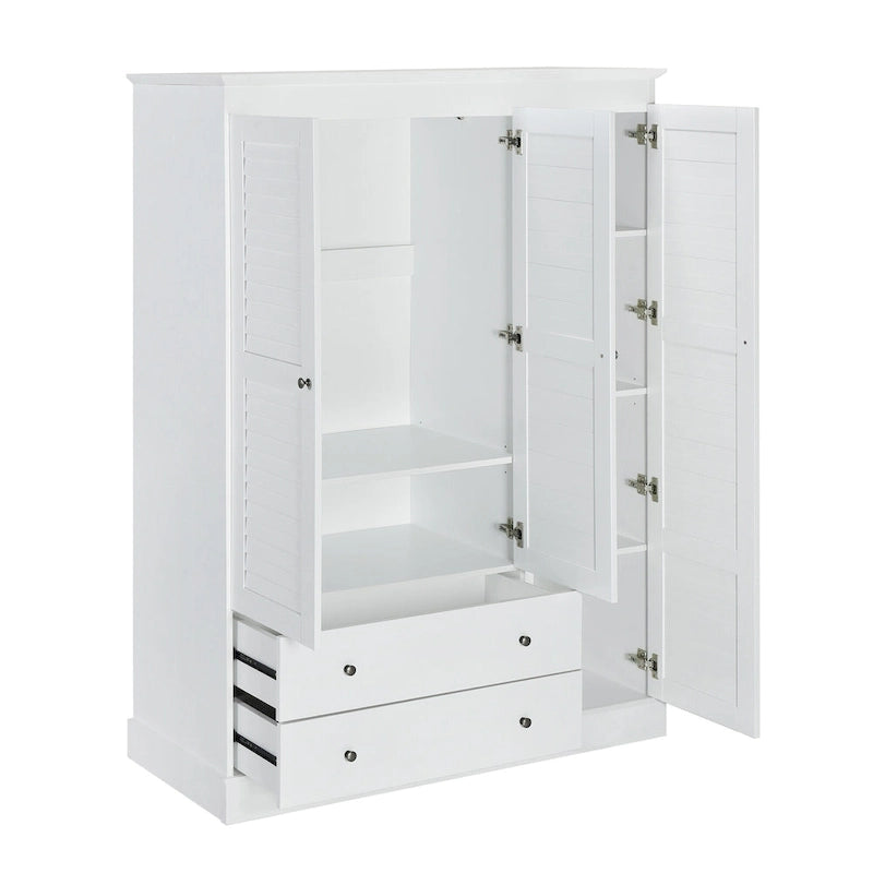 Armoire moderne avec portes persiennes, tiroirs et étagères de rangement