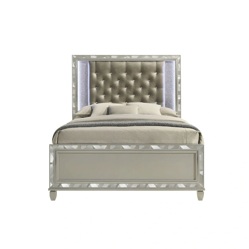 Lit rembourré capitonné Glam LED avec pied de lit bas – Gris et argent