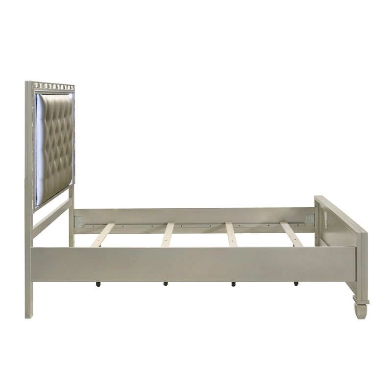 Lit rembourré capitonné Glam LED avec pied de lit bas – Gris et argent