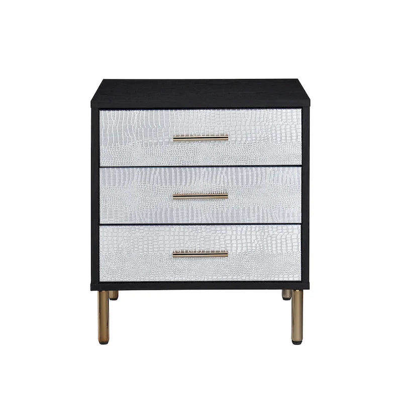 Table de chevet 3 tiroirs avec glissières métalliques – Finition argent et or
