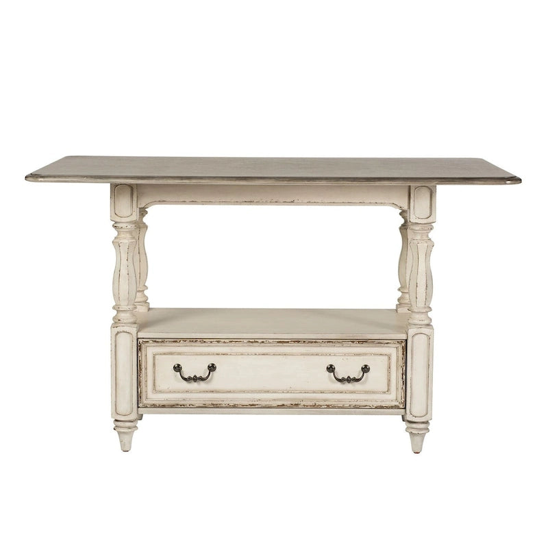 Table de rassemblement en bois massif patiné blanc antique avec rangement