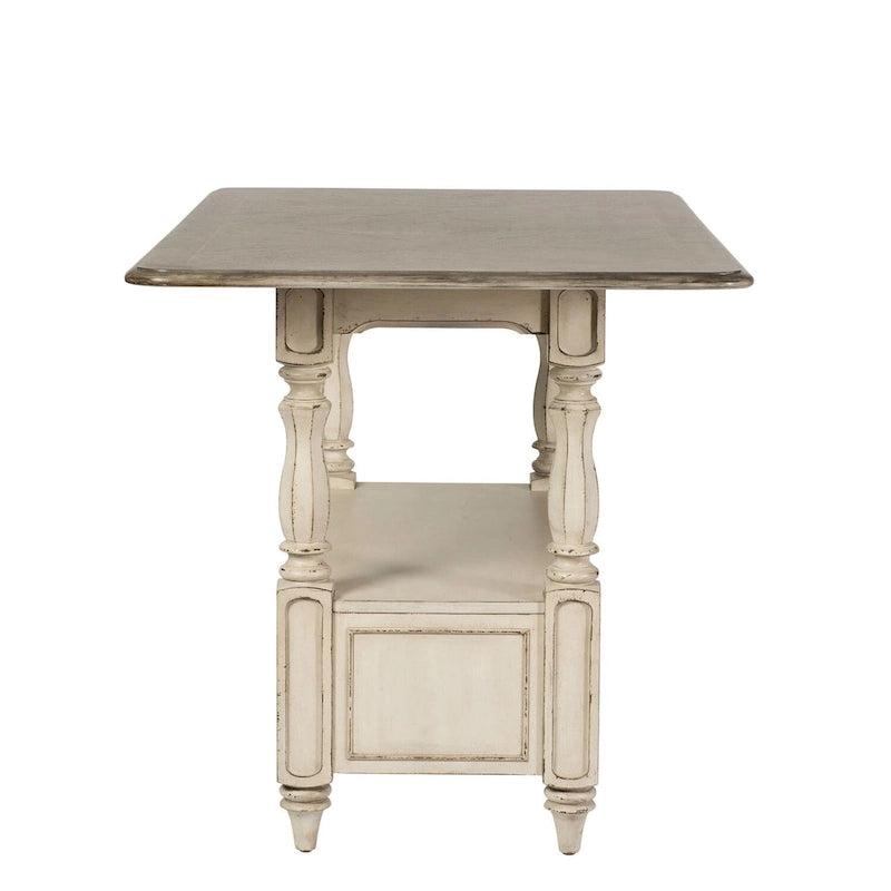 Table de rassemblement en bois massif patiné blanc antique avec rangement