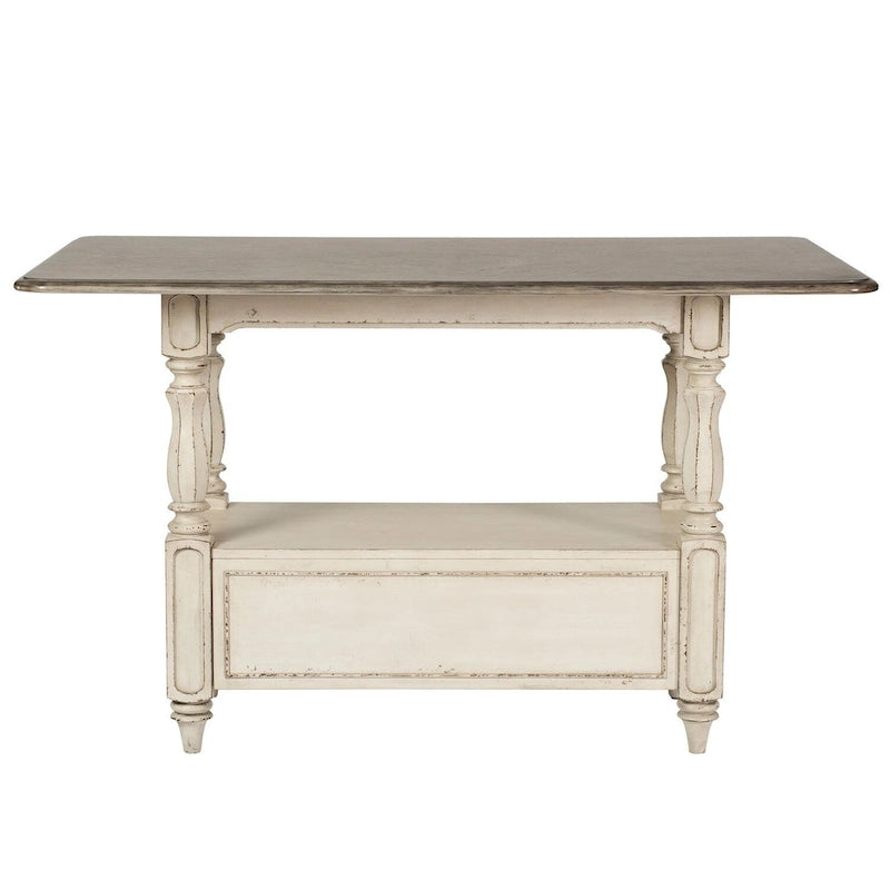 Table de rassemblement en bois massif patiné blanc antique avec rangement