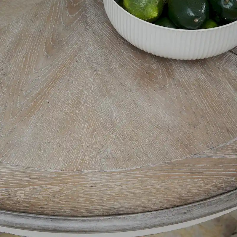 Table de rassemblement en bois massif patiné blanc antique avec rangement