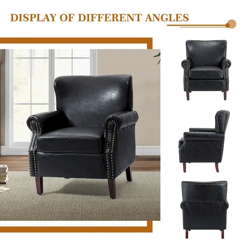 Fauteuil en cuir de transition avec clous décoratifs et accoudoirs roulés