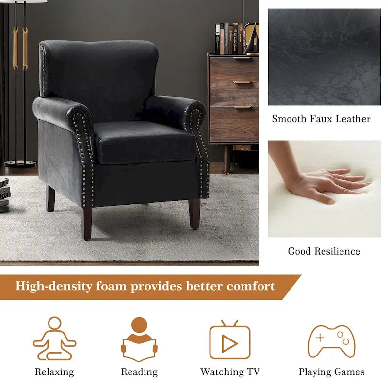 Fauteuil en cuir de transition avec clous décoratifs et accoudoirs roulés